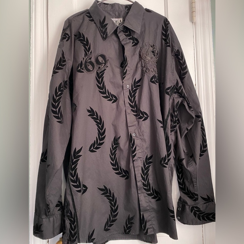 COOGI Black Long Sleeve Dress Up Shirt with Black Velour Designs, Size 4X